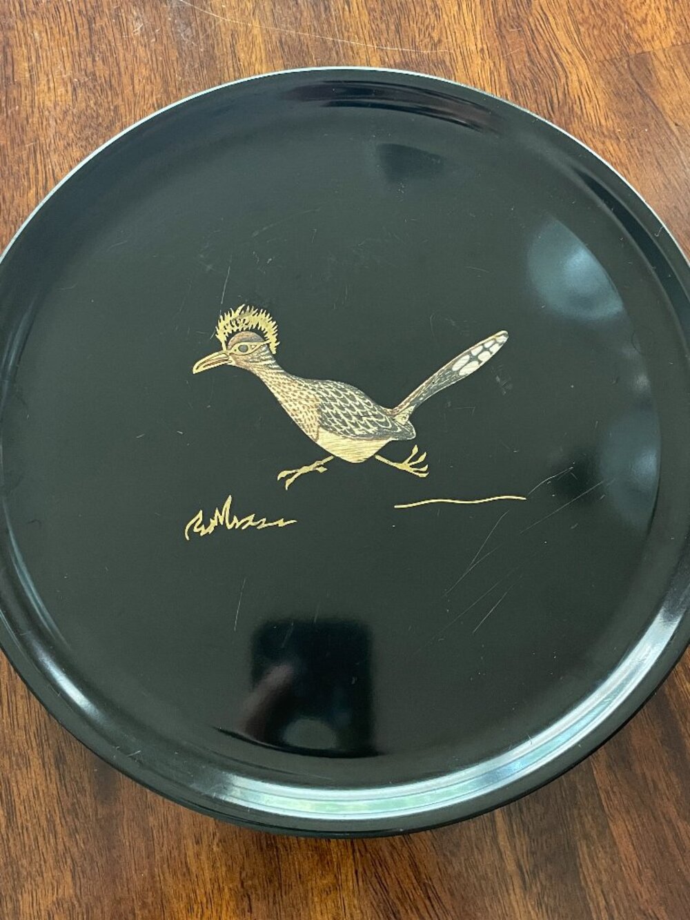 Couroc Of Monterey Round Roadrunner Plate Inlaid Wood MCM 10 INCH